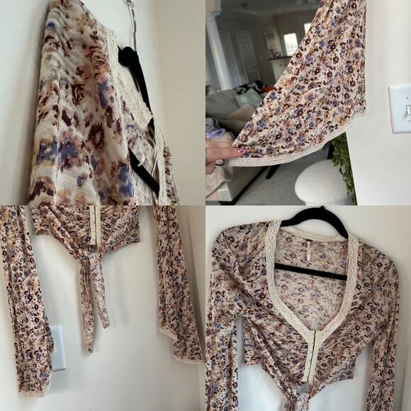 Free People cream and floral clasp front top w tie in front and bell sleeves - Picture 11 of 12